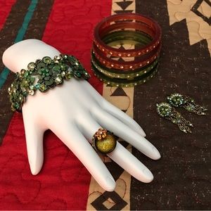 Lovely Jewelry Set Adorned in Rhinestones - Bangles, Bracelet, Earrings & Ring